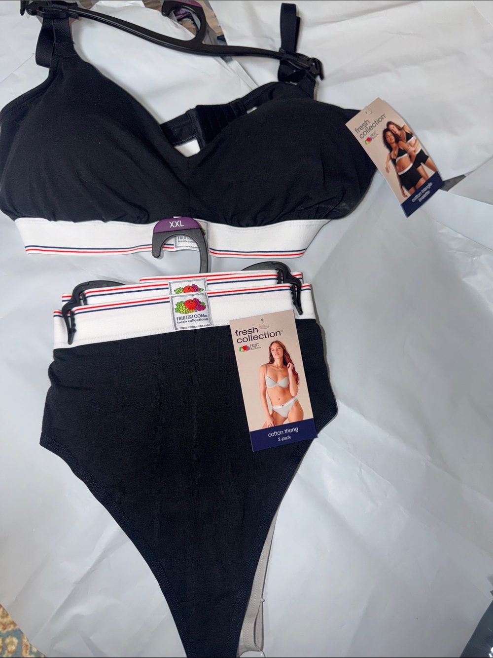 NWT Fruit of the Loom XXL BLACK Bralette + 2 Cotton Thongs 3 Pc Set